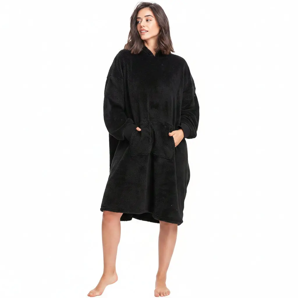 Mad Dog Sherpa Fleece Wearable Blanket Hoodie for Adult Women with Long Sleeves, Cozy Hooded Poncho Jacket