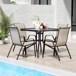 5 Piece Patio Dining Set, All Weather Metal Frame with 31.3" Square Hydrographic Glass Table and 4 Stackable Ergonomic Textilene Chairs, Outdoor Furniture with Umbrella Hole for Lawn Garden Poolside Backyard