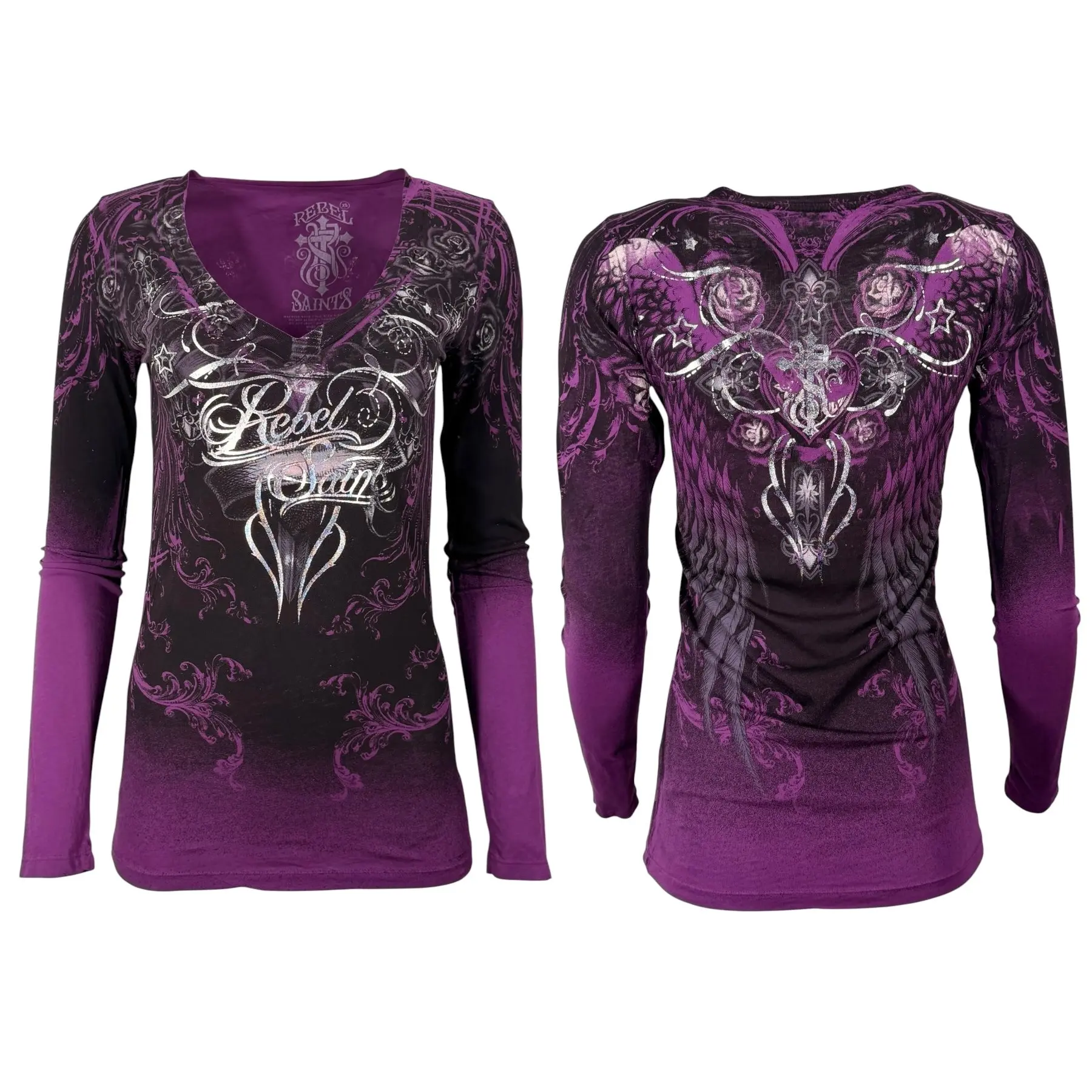 Women's Affliction Rebel Saints Amelia Printed V-Neck Longsleeves Full Sleeves Top