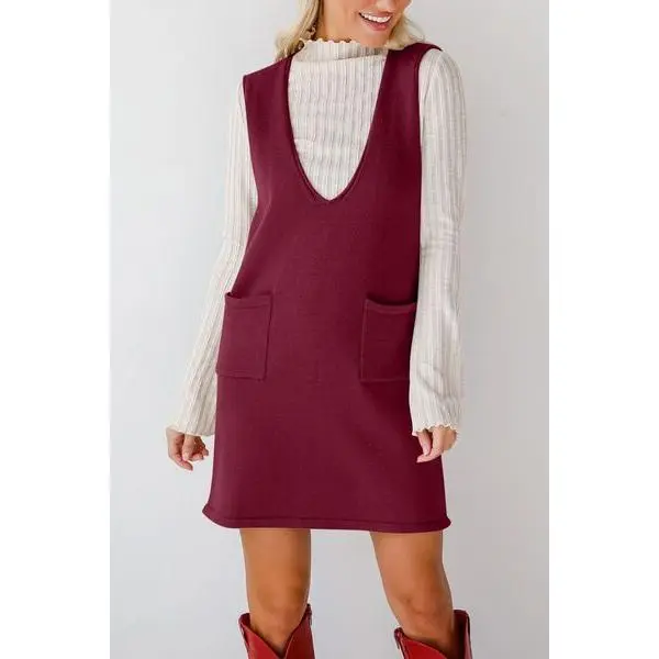 Lovelet Pocketed V-Neck Mini Sweater Overall Dress