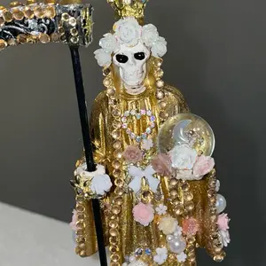 Santa Muerte Statues with Unique Design and Decorative Elements Featuring Pearl Accents and Colorful Beads 5.5-inch Bedazzled Figurine for Home Office Decor