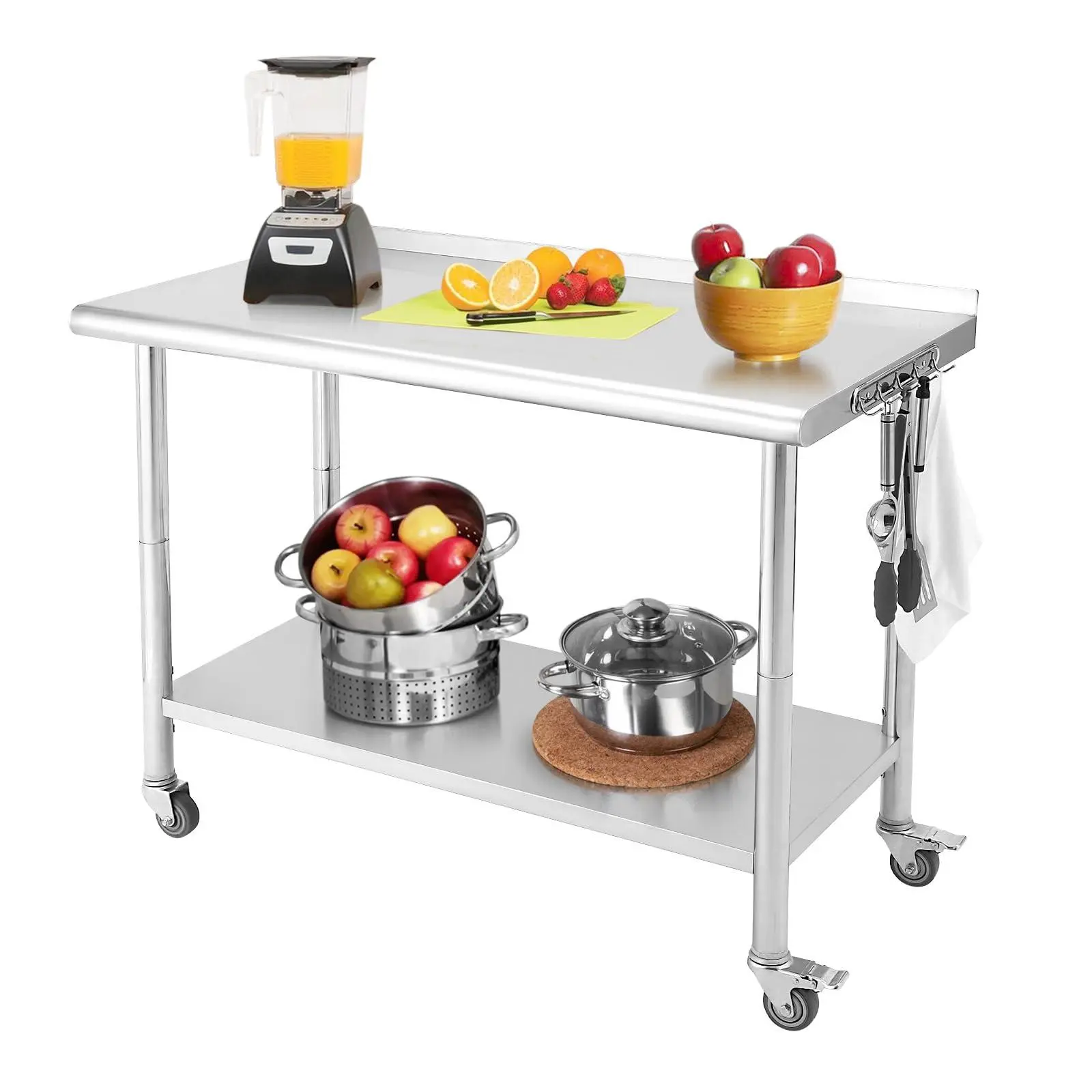 GARVEE NSF Commercial Stainless Steel Rectangular Preparation Table (121.9x61cm) - Heavy-Duty Commercial Look Workbench Organiser, Adjustable Shelf, 5 Hooks, Casters, Installation-Friendly, Water-Resistant for Kitchen Use