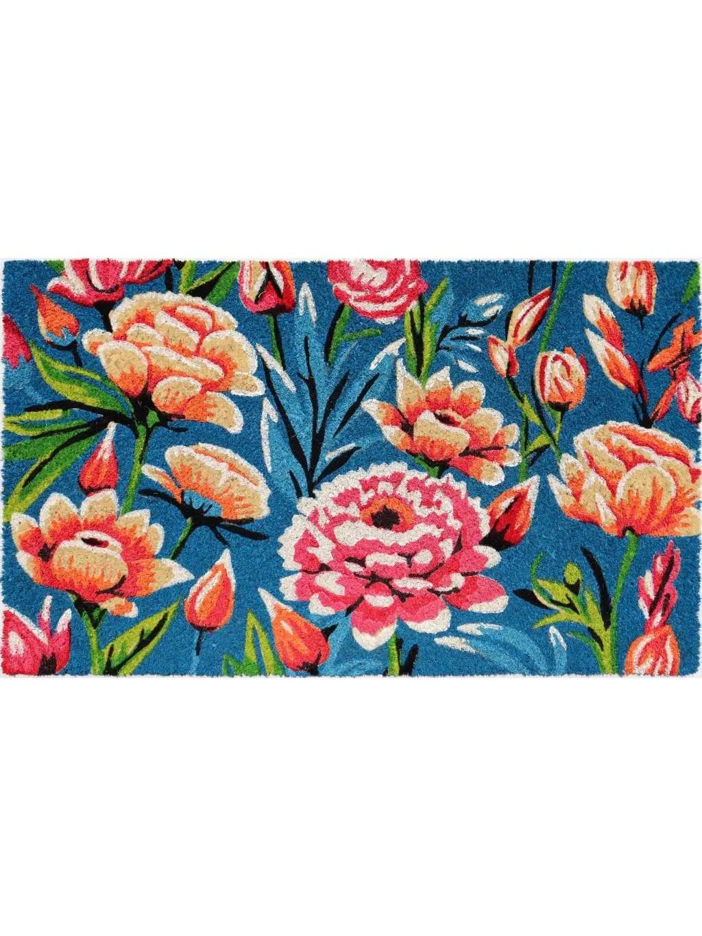HomeRoots 572247 18x30 in. Blue & Pink Coir Floral Outdoor Door Mat - Natural Fiber, Mud Removal Mat for Home Entryway (Blue and Pink, Floral Accents), Blue And Pink Doormats, Floral Accents Doormats