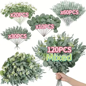 120pcs Bulk Artificial Eucalyptus Mixed Flowers, 4 Leaf Options, Easy DIY Bouquets, Wedding Holiday Home Decor, Universal Setting, Artificial Plants