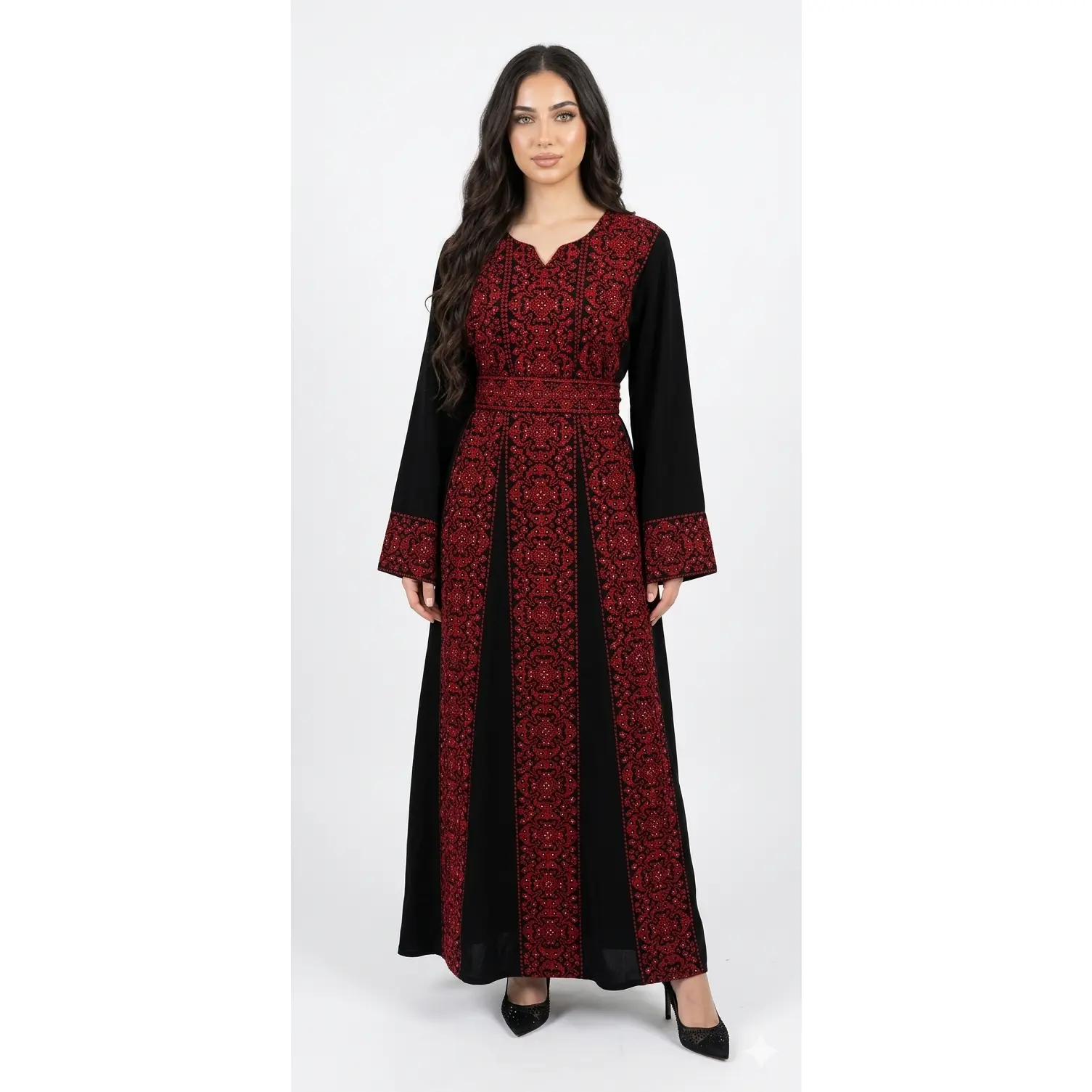 Classic Embroidered Thobe – Black & Red Floral Motif