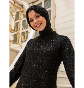 Lux Chiffon Evening Shawl Instant Hijab with Floral Sequined Bonnet - Black with Black Beads