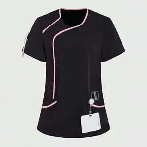 Women's Short Sleeve Top with Contrast Trim Lab Coat V-Neck Multi-Pocket Work Uniform Nurse Scrubs Comfortable & Breathable
