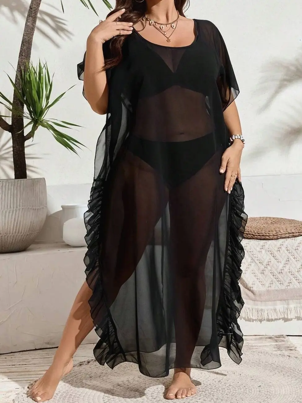 Swim Vcay Plus Size Mesh Cover Up Top, Round Neck, Simple & Fashionable, Suitable For Summer