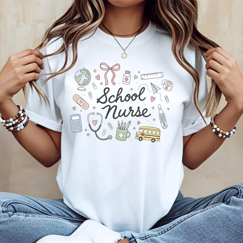 School Nurse Print Graphic T-Shirt, Back To School Medical Theme, Campus Clinic Work Wear