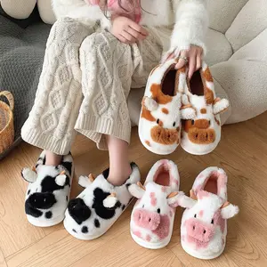 Cute Fuzzy Cow Slippers for Women, Cartoon Plush Warm Cow Slippers for Girls Funny, Novelty and Soft Cotton Slipper, Women's Winter House Shoes