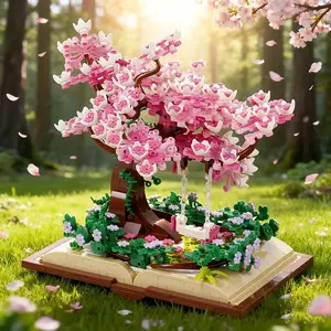 Romantic Cherry Blossom Flower Pink Tree Sakura Tree House Building Blocks Model Desktop Decoration Toys Gift For Kid Girl Adult