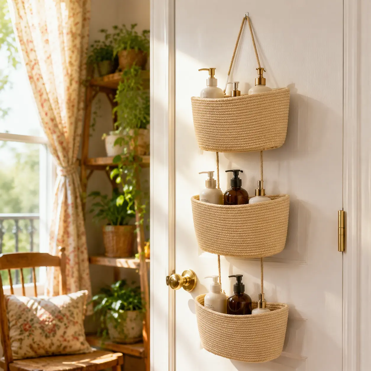 3-Tier Over The Door Woven Cotton Storage Basket, Jute Wall Mounted Bathroom Organizer, Nursery Diaper Toy Storage Basket With Hooks, Practical Household Storage Gift