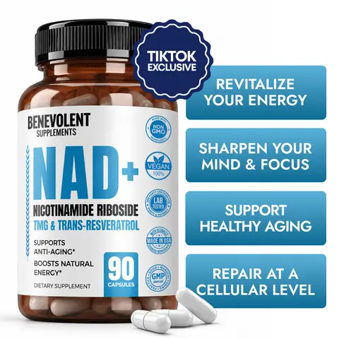 Benevolent NAD+ Support Supplement – 1050mg 3-in-1 Formula with Nicotinamide Riboside, TMG & Trans-Resveratrol for Cellular Energy & Healthy Aging, 90 Capsules