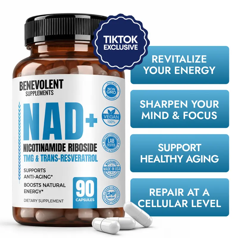 Benevolent NAD+ Support Supplement – 1050mg 3-in-1 Formula with Nicotinamide Riboside, TMG & Trans-Resveratrol for Cellular Energy & Healthy Aging, 90 Capsules