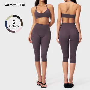 GIAFIRE women’s halter sports bra and high-waisted butt-lifting capri yoga pants set — seamless tummy control activewear; suitable for running training and everyday wear