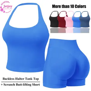 Jetjoy 2 Piece Workout Sets for Women, Long or Short Sleeve T Shirt Tank Top + Workout Shorts Butt Lifting Gym Seamless Booty Biker Shorts, Going Out Gym Sets Fitness Clothes Skinny Sportswear Compression Activewear Gymwear Fitness Clothes Mesh Athleisure