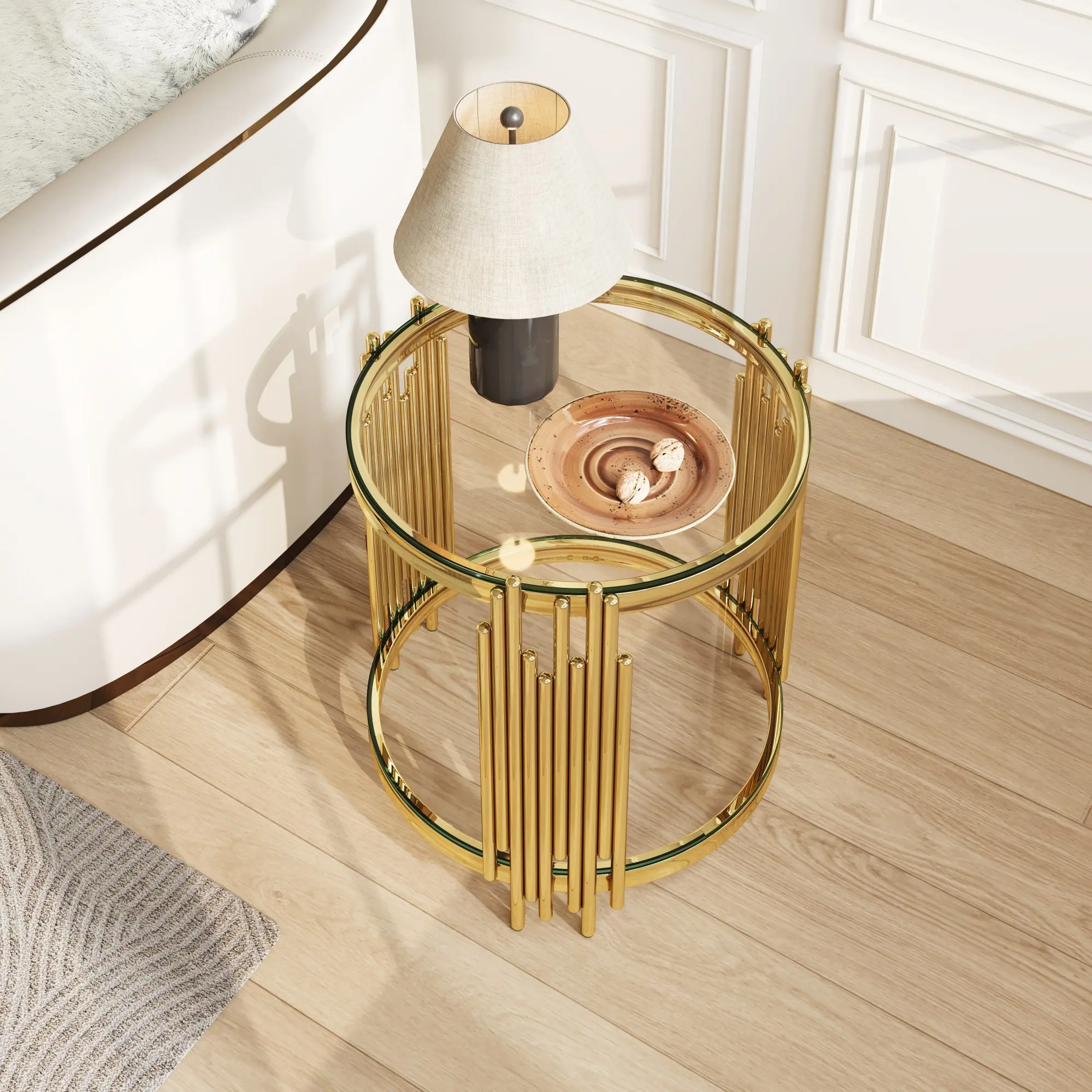 Modern Round Glass End Table for Living room, Black or Clear Side Table Glass Top, Luxury Circle Tea Table with Silver Stainless Steel Legs, Small Office Table, Sturdy Glass Top Bedside Table, Sofa Table set for Living room/Nightstand,Balcony Table