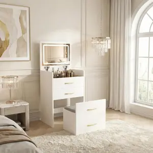 3-in-1 Vanity Desk with Flip-Top Mirror, Nightstand & Makeup Table Combo, Glass Top, 3 Drawers & Hidden Jewelry Storage, Stool Included – Space-Saving Vanity for Small Bedrooms/Apartments