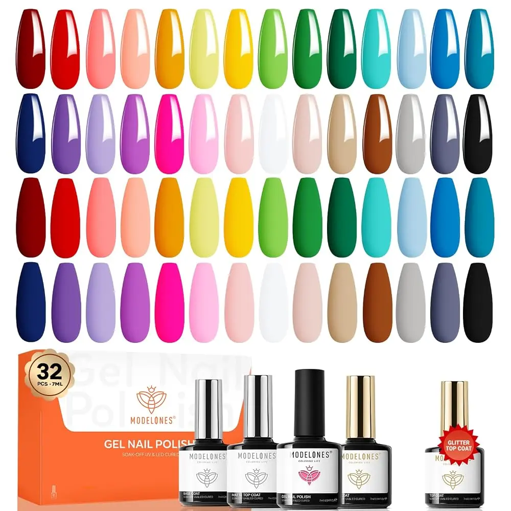 Modelones Gel Nail Polish Set Glitter 32PCS 28Colors Top Coat Gel Polish Glitter Red Green Brown Purple Pink Gifts for Women Girls