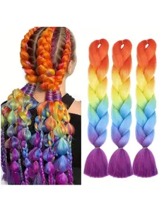 3 pcs Gradient Rainbow Synthetic Braided Hair Extensions, 24 Inch Super Large Dyed Crochet Braid, Suitable for Box Braids and Twist Braids, Boho Crochet Braids