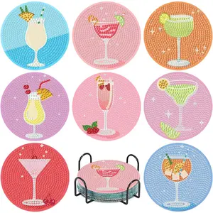 8Pcs Full Drill Diamond Art Coasters Set With Holder DIY Cocktail Theme For Beginners Gift