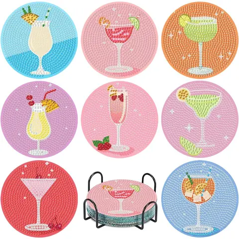 8Pcs Full Drill Diamond Painting Coasters Set for Drinks, Wooden Cup Coasters with Holder, 3D Sparkle DIY Cocktail Kit for Beginners & Adults, Tableware Decor Gift