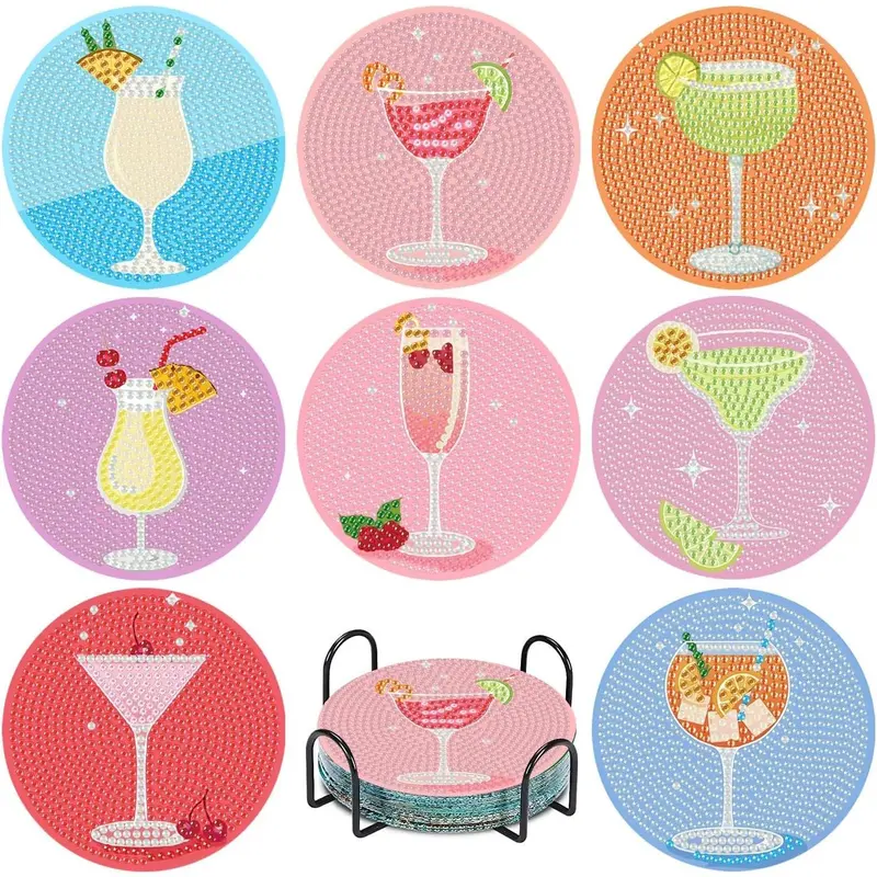 8Pcs Full Drill Diamond Painting Coasters Set for Drinks, Wooden Cup Coasters with Holder, 3D Sparkle DIY Cocktail Kit for Beginners & Adults, Tableware Decor Gift