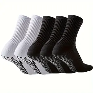Men's & Women's Plain Knee High Grip Soccer Socks, 5 Pairs, Ribbed Texture, White & Black, Machine Washable, Rubber/Spandex/Polyester Blend