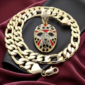 MaxBling81 Unisex Iced CZ Jason Mask Pendant Necklace - 12mm Plated Brass Figaro Chain, 20in Length, Daily Wear Fashion Costume Jewelry Gift