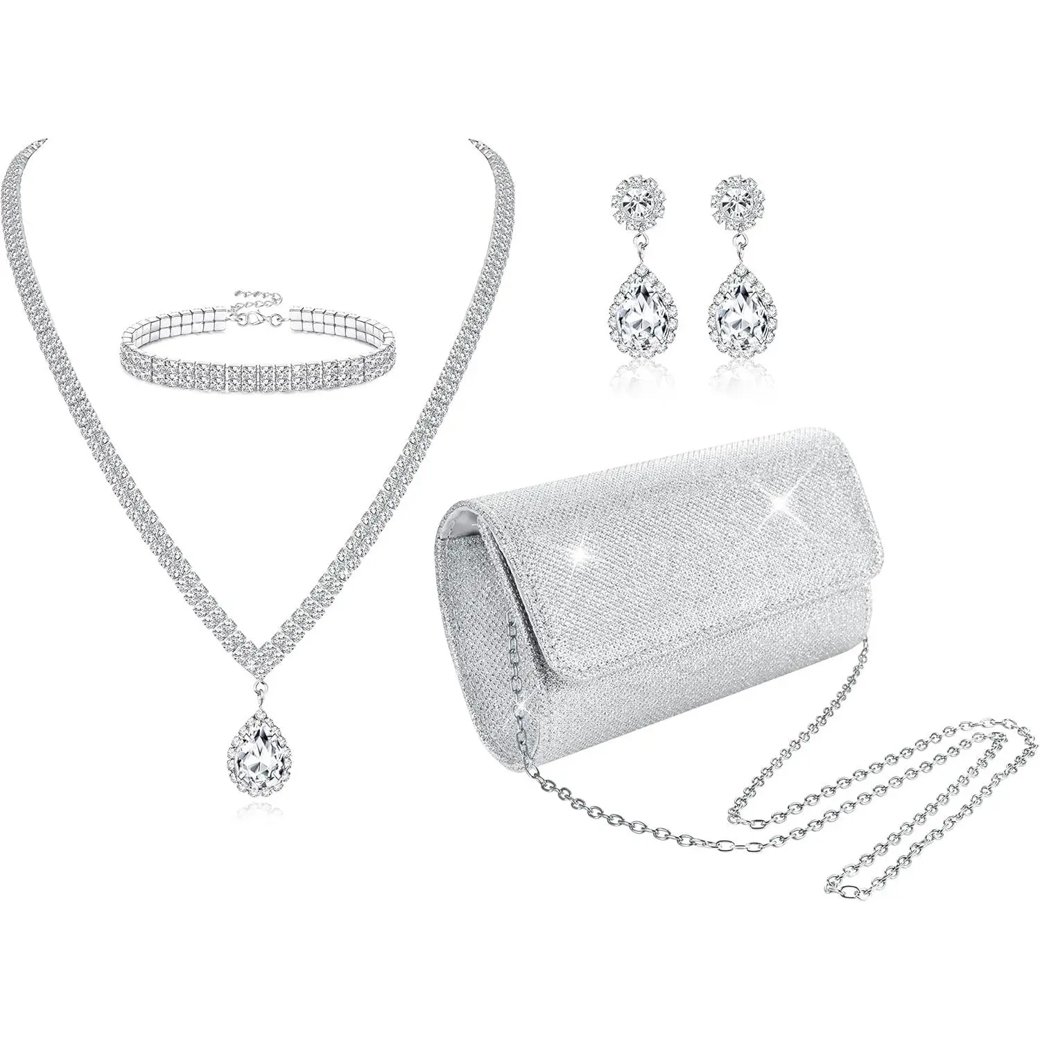 4 Pcs Silver Clutch Purse Jewelry for Women Evening Rhinestone Purse Crystal Necklace Earrings Bracelets Set Accessories for Women Bride Wedding Jewelry,Christmas Gifts,Hand Tools Kits