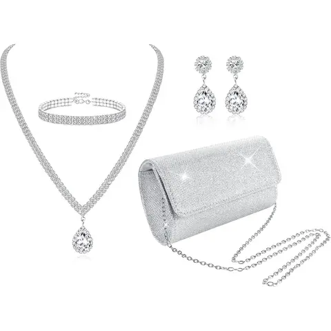 4 Pcs Silver Clutch Purse Jewelry for Women Evening Rhinestone Purse Crystal Necklace Earrings Bracelets Set Accessories for Women Bride Wedding Jewelry,Christmas Gifts,Hand Tools Kits