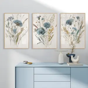 3 Piece Light Blue Blooming Bouquet Canvas Wall Art, Nordic Style Living Room Bedroom Hallway Decor Poster, Cozy Home Decoration Unframed, Modern Home Decor