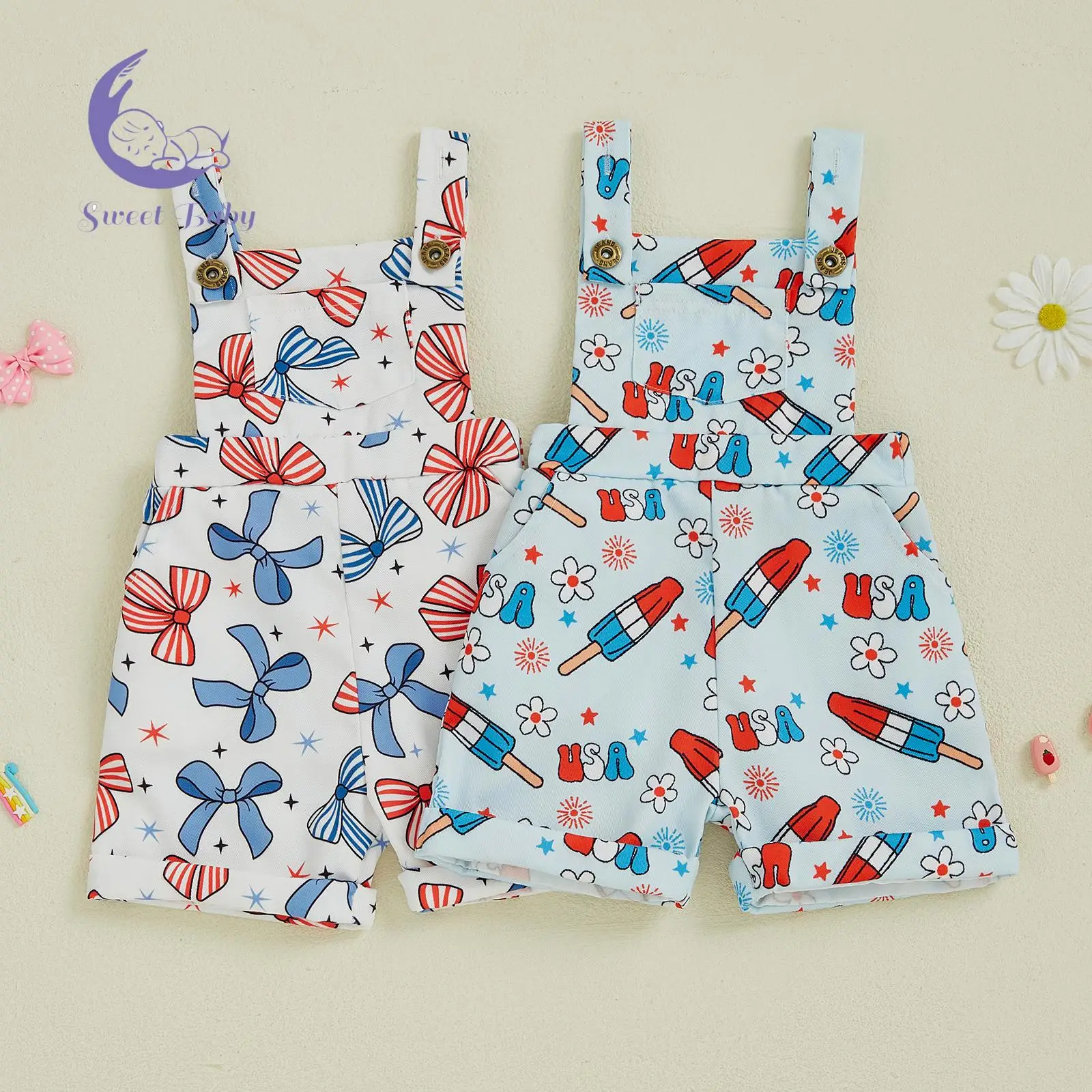 Baby Girl Fourth of July Rompers Sleeveless Bow/Flower Print Pocket Jumpsuit Suspender Shorts Summer Overalls