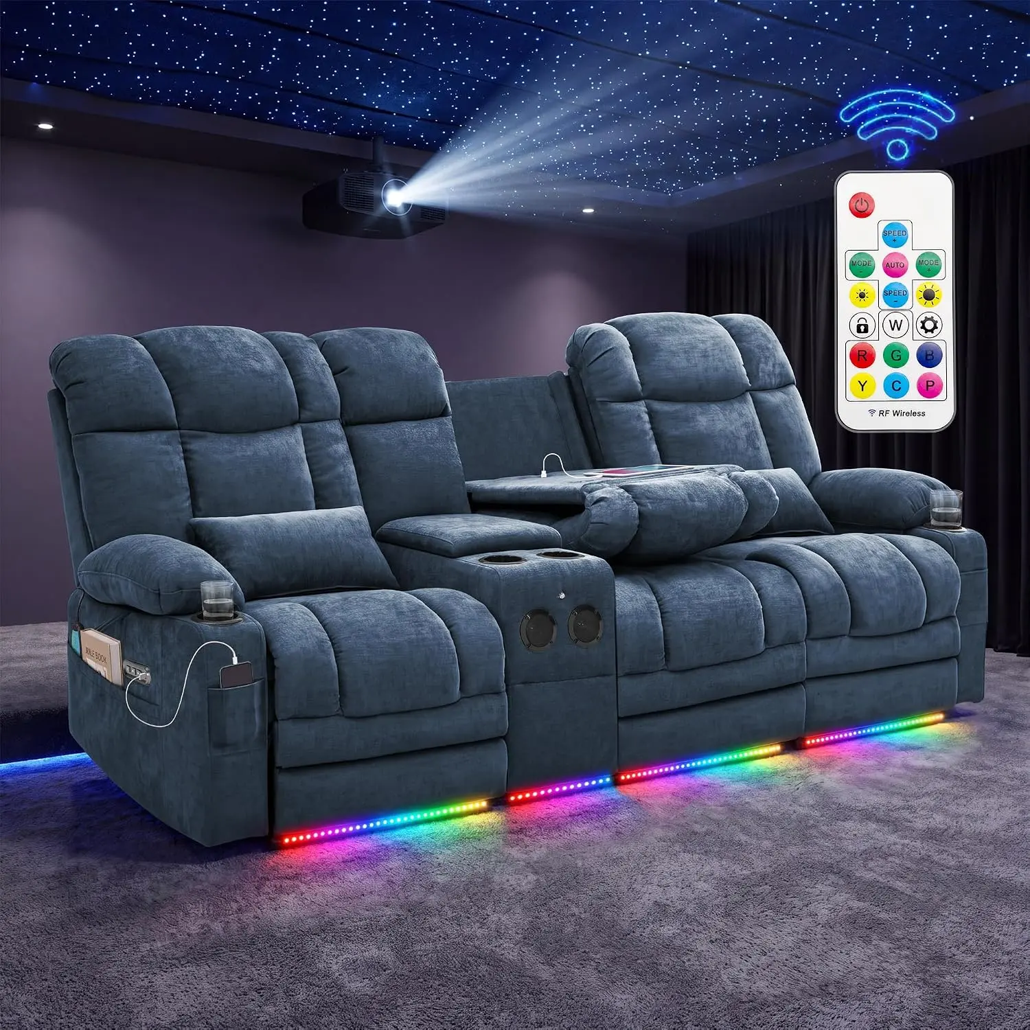 【2-4 Packages Ship】3-Seater Power Recliner Sofa with Dual Consoles, RGB LED Light Massage & Lumbar Heat, Home Theater Seating with Wireless RF Remote, Cup Holders, USB Ports, Bluetooth Speaker, Chenille-Blue