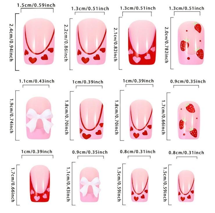 Strawberry Press On Nails: Short Square Pink Heart Bow Tie Design. Artificial Coffee Nails, Full Cover, Reusable Glue On, Valentine's French Style for Women