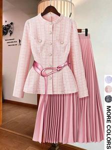 two-piece set women's solid color blazer & a-line skirt, elegant fashion casual button front outerwear & long skirt for daily outdoor wear, ladies clothes for all seasons, long sleeve womenswear