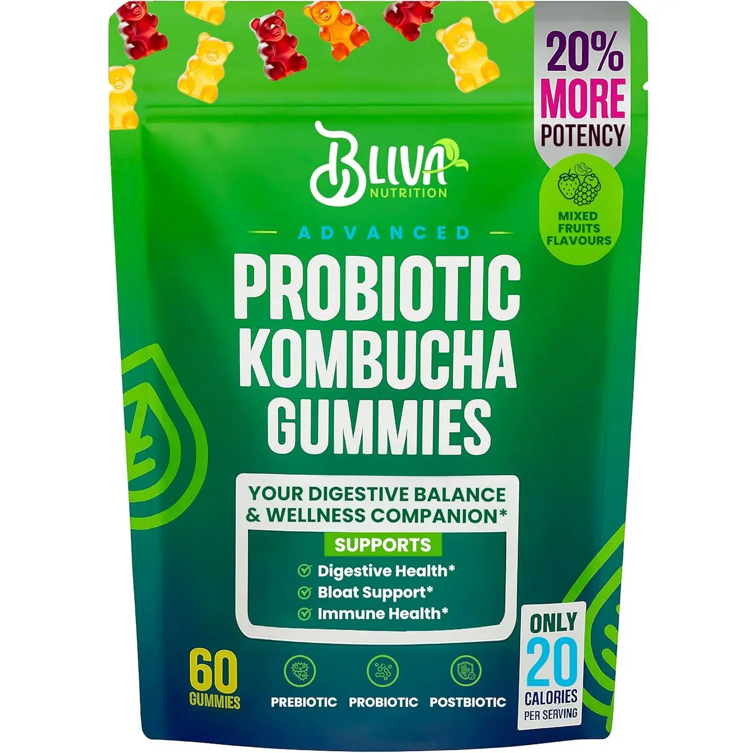 Probiotic Kombucha Gummies with Prebiotics Probiotics Postbiotics Slippery Elm Bark and Fiber Probiotics Gummy Supplement for Men and Women 60 Gummies Daily Digestive Support Gut Health and Bloating Relief Formula
