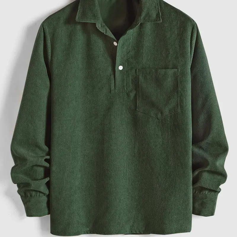 Men's Plain Pocket Half Button Corduroy Shirt, Casual Comfy Regular Fit Long Sleeve Collared Top For Fall & Winter, Men's Clothes For Daily Wear