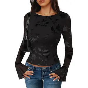 ZESICA Spring Going Out Tops for Women 2026 Floral Mesh Bell Long Sleeve Shirts Cute Fitted Blouse Date Y2k Outfits
