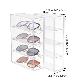 Transparent Acrylic 4 Tier Eyeglass Storage Case Stackable Makeup Organizer Drawers Dustproof Sunglasses Storage Box for Vanity Table Dresser Cabinet and Desk Accessories