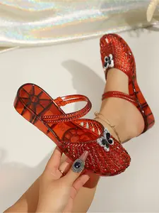 Summer Women's Rhinestone Bow Mesh Sandals, Ankle Strap Low Heel Closed Toe Flats, Hollow Out Glitter Shoes for Daily Wear, Party