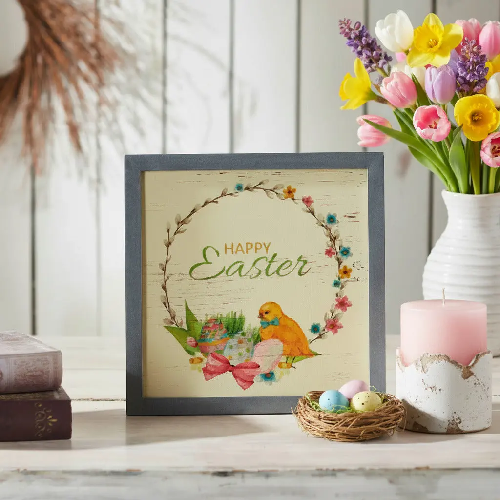 Farmhouse Traditional Colorful MDF Easter Wall Sign, Bunny Hop & Happy Chick Themed Decorative Plaque Wreath Accent