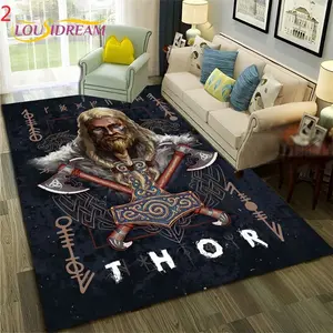 Thor Norse God Flannel Area Rug - Viking Axe Mjolnir Rune Print Soft Mat for Living Room & Game Room, Non-Slip Mythology Home Decor #ThorRug #NorseMythologyMat #VikingHomeDecor #MjolnirAxeCarpet #NonSlipFlannelRug