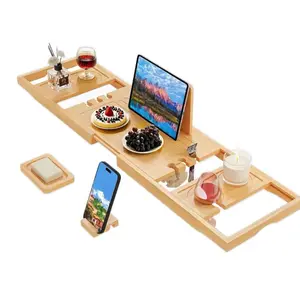 Multi-Zone Bamboo Bathtub Tray with Adjustable Holder for Privacy and Security Relaxation and Comfort