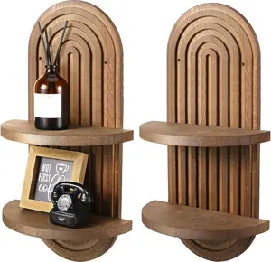 2 count Boho Wall Shelf Rainbow Arch Wooden Floating Shelf Mid Century Bohemian  Holder Double  Wall Mount Altar Decor for  Bedroom 15.75 x 6.69 Inches(Brown)