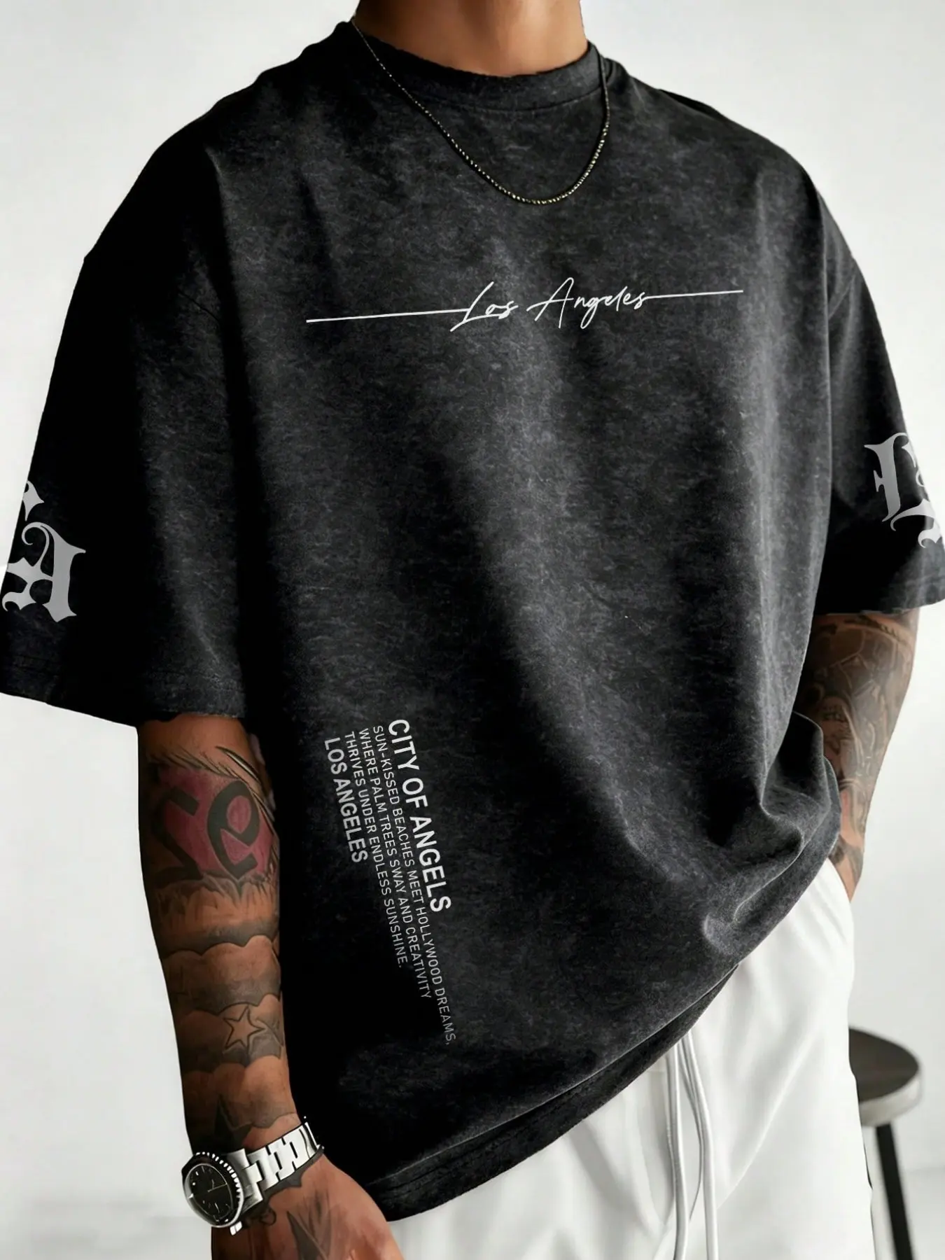 Aesthetic Washed Grey Graphic Tee Round Neck - Silver Chrome Cross Print Men's Baggy Oversized Casual Streetwear Shirt - Heavy Cotton Pump Cover for Bodybuilding - Retro Vintage Distressed Urban Essential Menswear