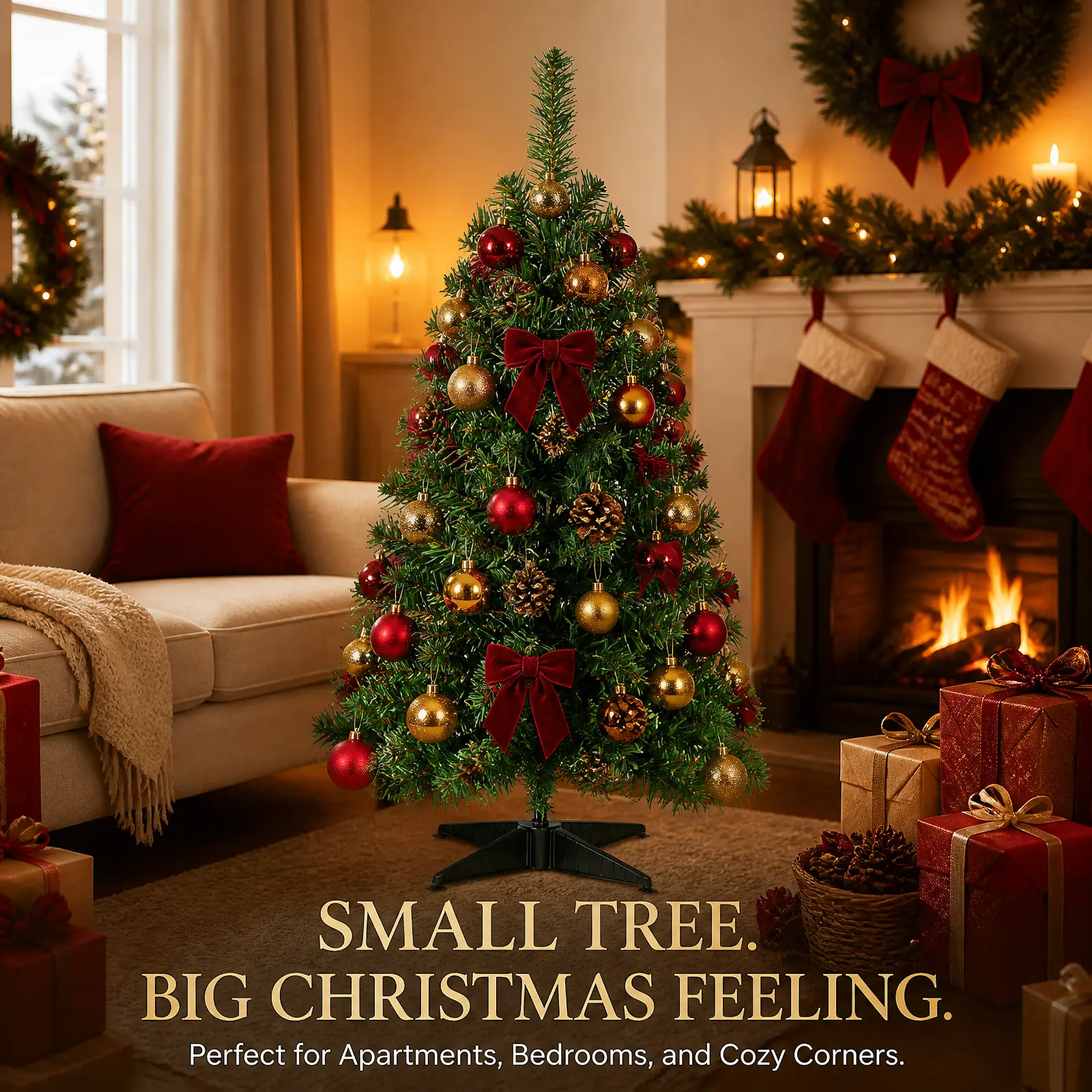 3FT Small Christmas Tree with 125 Branch Tips, Premium PVC, No Assembly Artificial Pine Tree with Stable 4-Leg Stand, Easy for Kids to Decorate, Perfect for Apartments, Bedrooms, Bedside & Cozy Corners