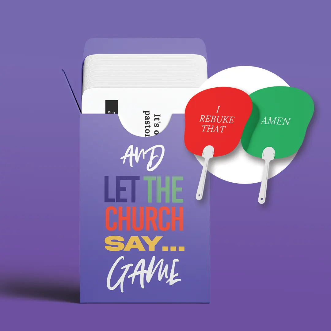 And Let The Church Say Game + 2 Double-Sided Fans AMEN & I REBUKE THAT for Game Night Bible Study Church Events Family Time