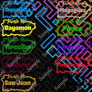 Cities and Towns of Puerto Rico Vinyl Sticker (Gold, Silver, Light Green, Purple)