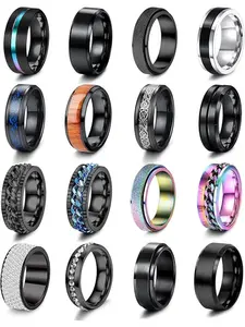 16Pcs Stainless Steel Band Rings for Men Women Fidget Anxiety Relief Rings Cool Chain Beveled Edges Celtic Black Band Spinner Rings Set for Wedding Promise Mens Rings Pack